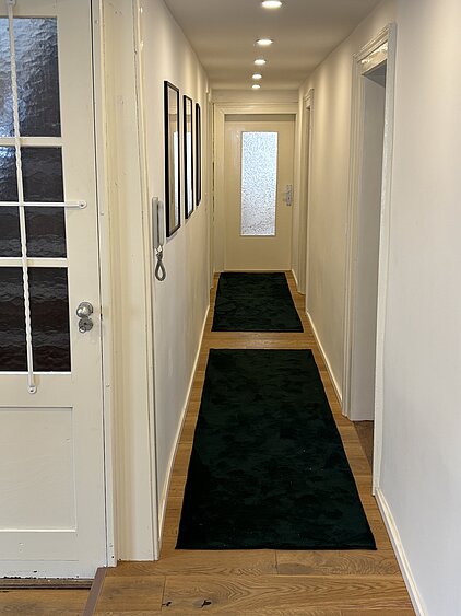 Ein heller, schmaler Flur mit Holzfußboden und weißen Wänden führt an mehreren Türen vorbei zu einem Fenster am Ende, wobei ein dunkler Teppichläufer und eine gläserne Tür mit Metallstreben im Vordergrund die klare, minimalistische Architektur betonen.