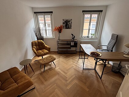 Modernes Sprechzimmer mit braunen Sesseln und großen Fenstern in heller, minimalistischer Einrichtung.